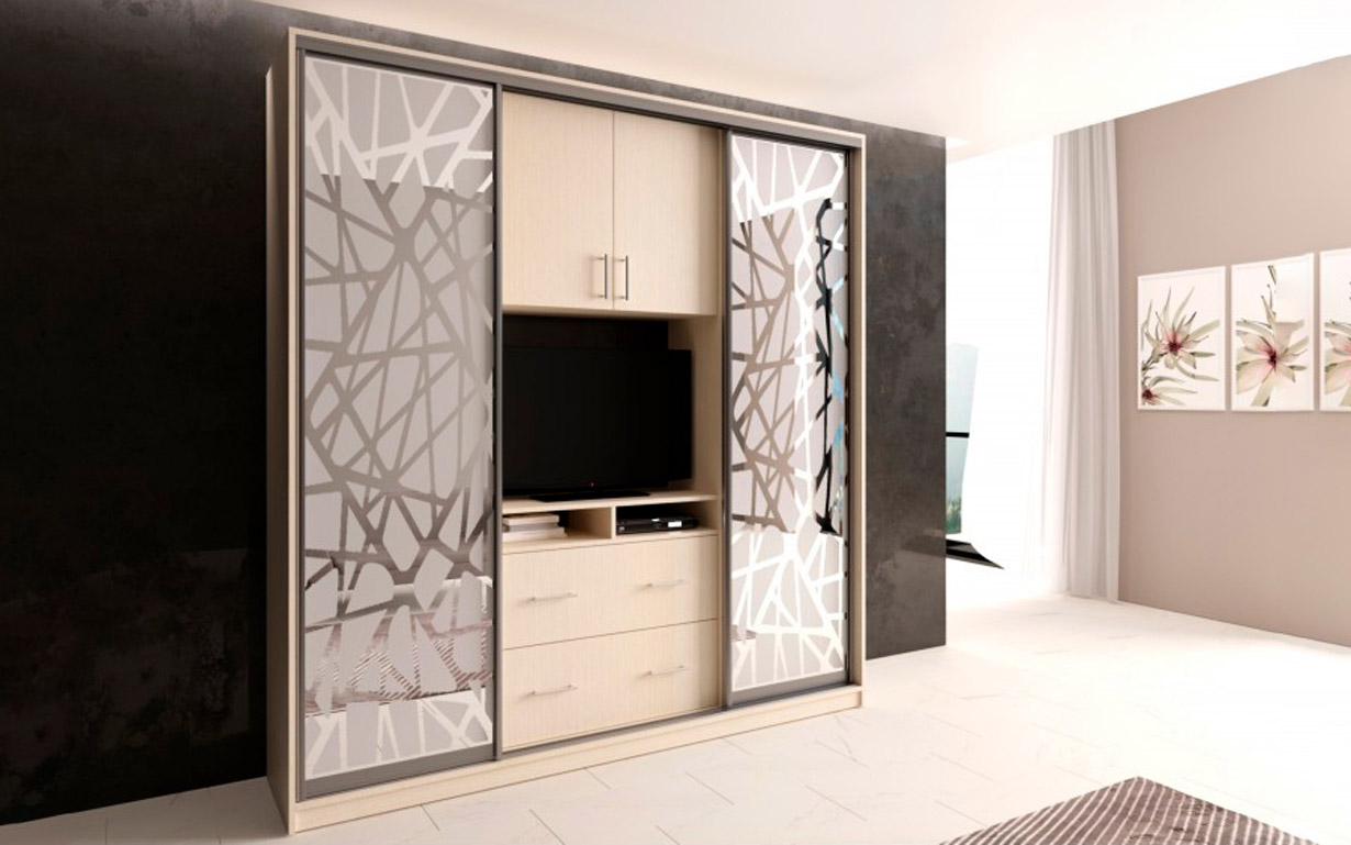 Шкаф-купе Омега с нишей ТВ: Пескоструй + Пескоструй 240 см. Феникс Мебель - Фото